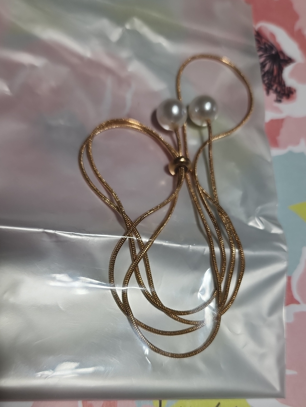 Gold-Tone Adjustable Lariat Necklace with White Pearl Drops
